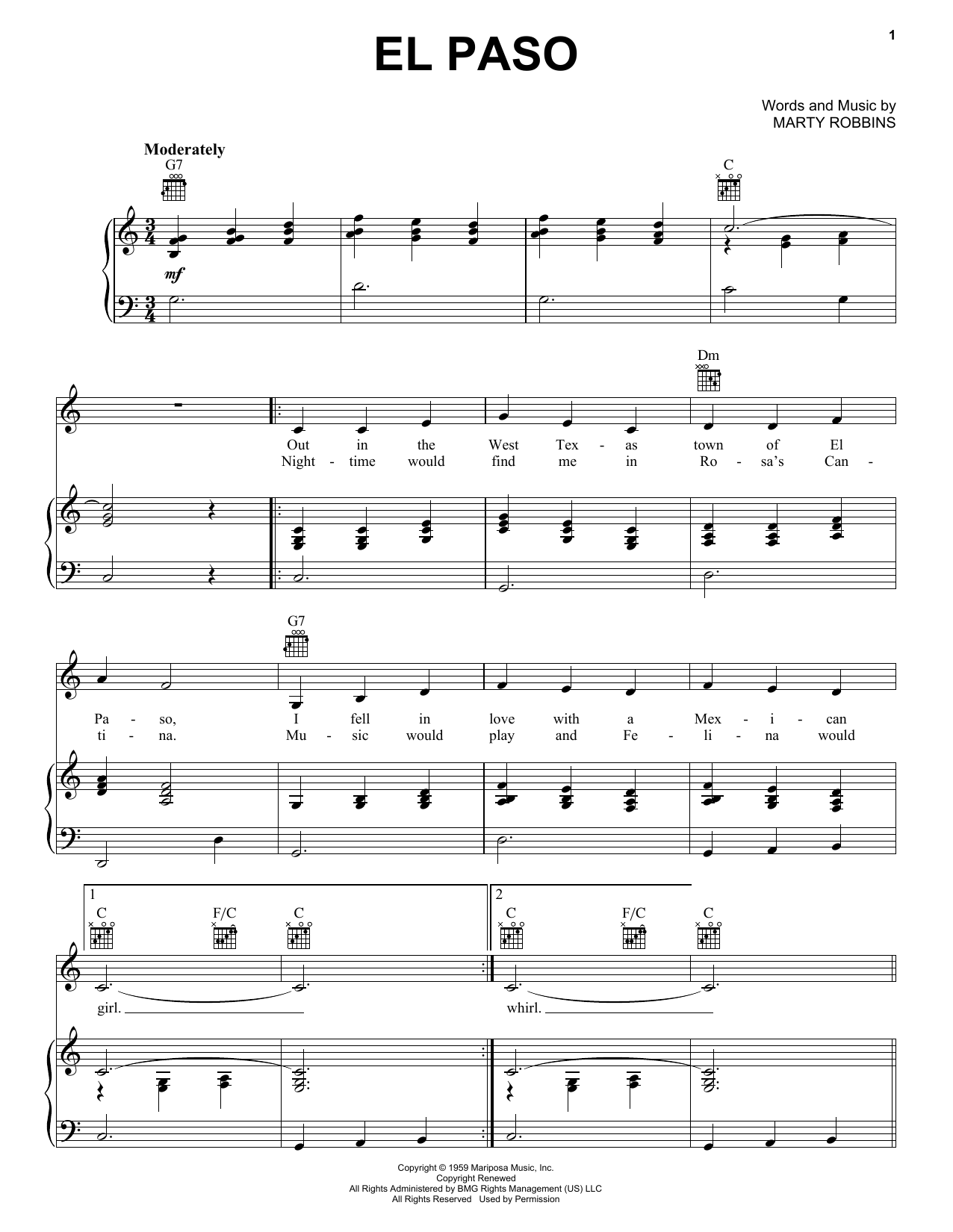 Marty Robbins El Paso sheet music notes and chords. Download Printable PDF.