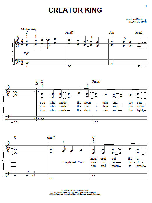 Learn to play Mary Maclean Creator King sheet music for Easy Piano in minutes. Price: 6.9900$ Mary Maclean Creator King sheet music notes and chords arranged for Easy Piano