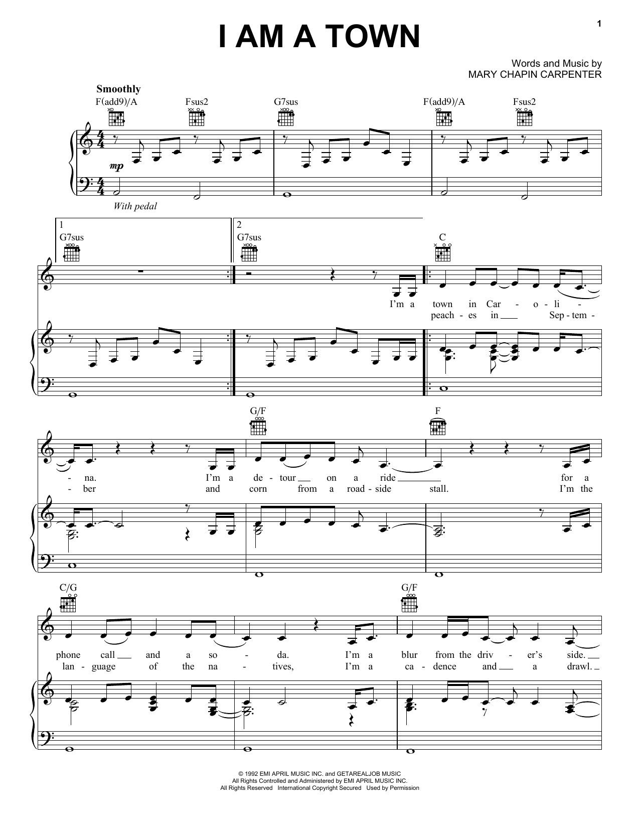 Learn to play Mary Chapin Carpenter I Am A Town sheet music for Piano, Vocal & Guitar Chords (Right-Hand Melody) in minutes. Price: 7.8900$ Mary Chapin Carpenter I Am A Town sheet music notes and chords arranged for Piano, Vocal & Guitar Chords (Right-Hand Melody)