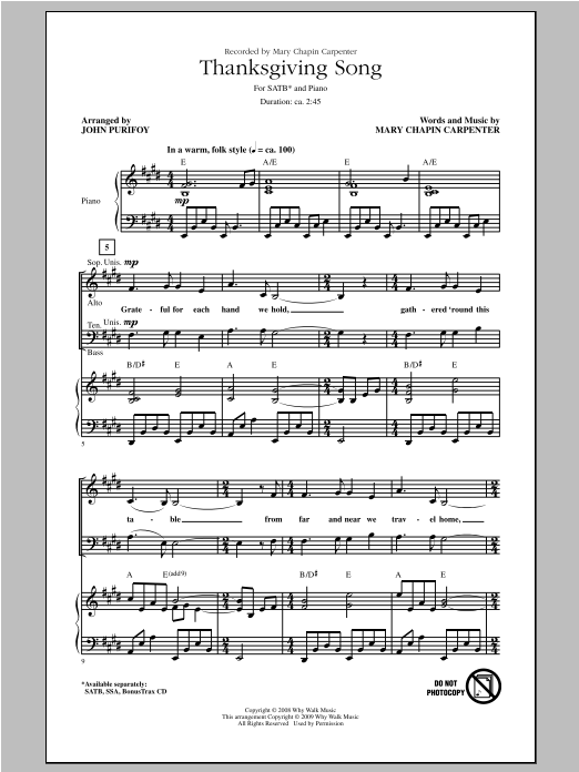 Mary Chapin Carpenter Thanksgiving Song Arr John Purifoy Sheet Music Pdf Notes Chords Folk Score Ssa Choir Download Printable Sku 97411
