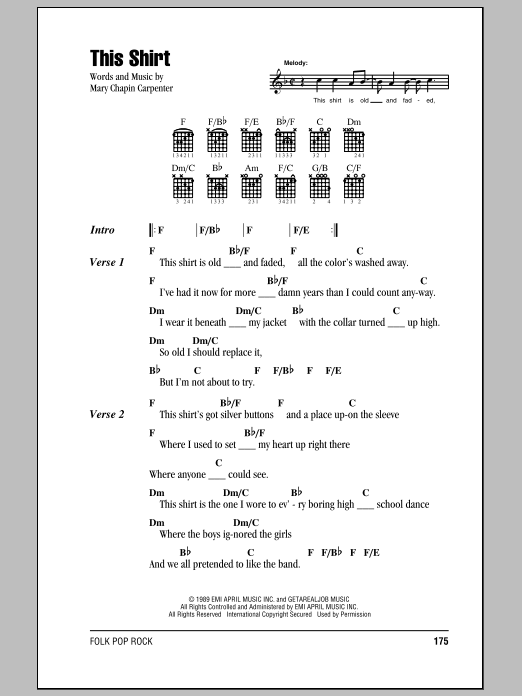 Learn to play Mary Chapin Carpenter This Shirt sheet music for Guitar Chords/Lyrics in minutes. Mary Chapin Carpenter This Shirt sheet music notes and chords. Download Printable PDF.