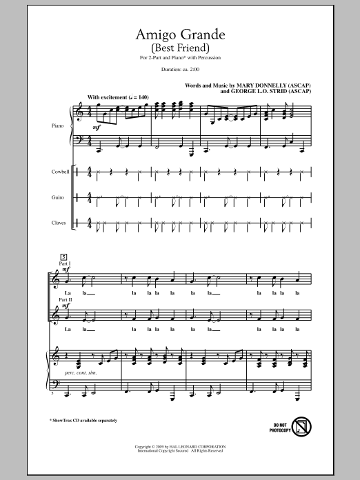 Learn to play Mary Donnelly Amigo Grande (Best Friend) sheet music for 2-Part Choir in minutes. Price: 3.9900$ Mary Donnelly Amigo Grande (Best Friend) sheet music notes and chords arranged for 2-Part Choir