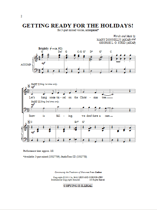 Learn to play Mary Donnelly Getting Ready For The Holidays! sheet music for 3-Part Mixed Choir in minutes. Price: 3.9900$ Mary Donnelly Getting Ready For The Holidays! sheet music notes and chords arranged for 3-Part Mixed Choir