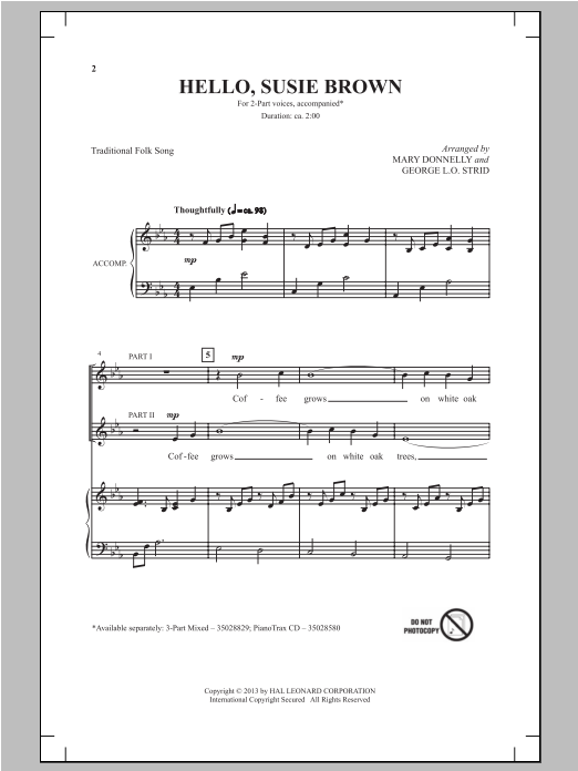 Traditional Folksong Hello, Susie Brown (arr. Mary Donnelly) sheet music notes and chords. Download Printable PDF.