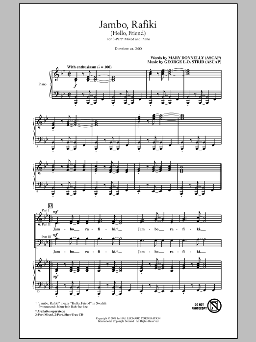 Learn to play Mary Donnelly Jambo, Rafiki (Hello, Friend) sheet music for 3-Part Mixed Choir in minutes. Price: 3.9900$ Mary Donnelly Jambo, Rafiki (Hello, Friend) sheet music notes and chords arranged for 3-Part Mixed Choir