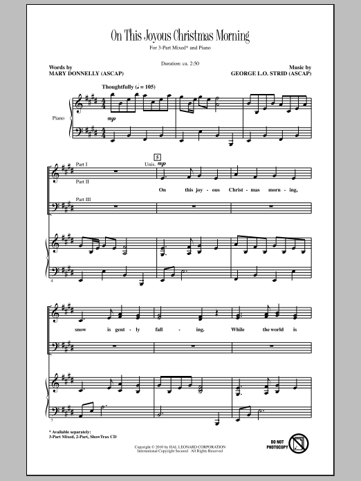 Learn to play Mary Donnelly On This Joyous Christmas Morning sheet music for 3-Part Mixed Choir in minutes. Price: 3.9900$ Mary Donnelly On This Joyous Christmas Morning sheet music notes and chords arranged for 3-Part Mixed Choir