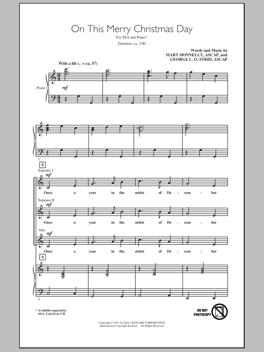 Learn to play Mary Donnelly On This Merry Christmas Day sheet music for SSA Choir in minutes. Price: 3.9900$ Mary Donnelly On This Merry Christmas Day sheet music notes and chords arranged for SSA Choir