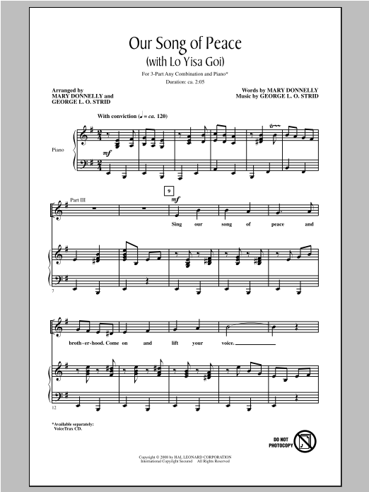 Learn to play Mary Donnelly Our Song of Peace (with Lo Yisa Goi) sheet music for 3-Part Mixed Choir in minutes. Price: 3.9900$ Mary Donnelly Our Song of Peace (with Lo Yisa Goi) sheet music notes and chords arranged for 3-Part Mixed Choir
