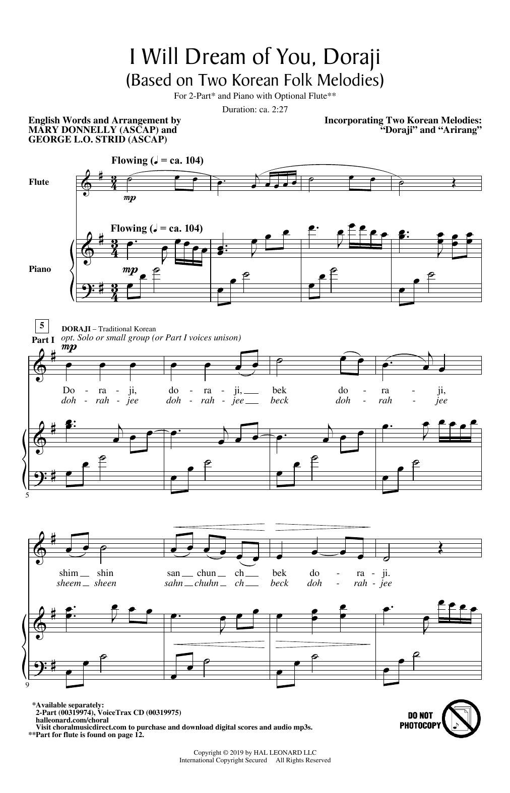 Learn to play Mary Donnelly and George L.O. Strid I Will Dream Of You, Doraji (Based on Two Korean Folk Melodies) sheet music for 2-Part Choir in minutes. Price: 3.9900$ Mary Donnelly and George L.O. Strid I Will Dream Of You, Doraji (Based on Two Korean Folk Melodies) sheet music notes and chords arranged for 2-Part Choir