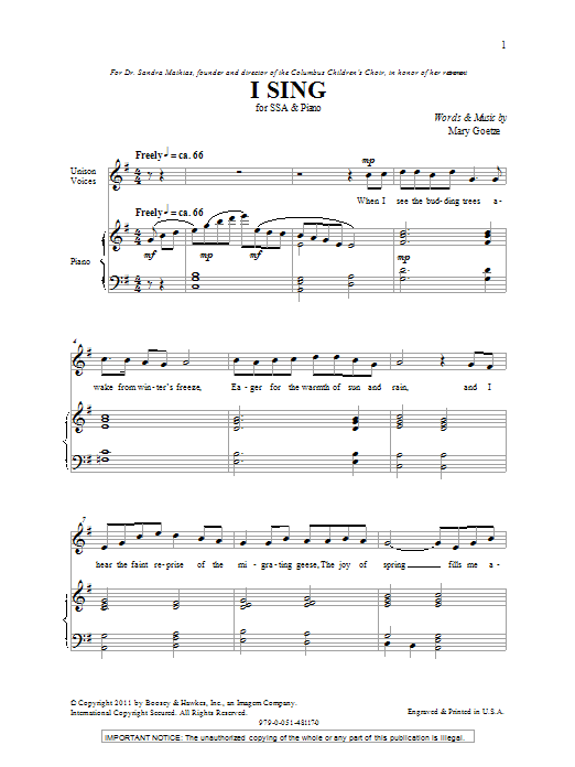 Mary Goetze I Sing sheet music notes and chords. Download Printable PDF.