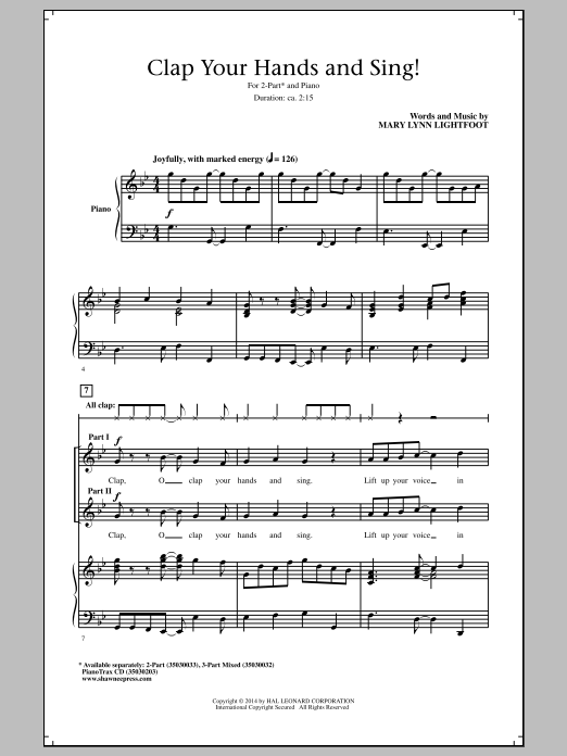 Learn to play Mary Lynn Lightfoot Clap Your Hands And Sing! sheet music for 3-Part Mixed Choir in minutes. Price: 3.9900$ Mary Lynn Lightfoot Clap Your Hands And Sing! sheet music notes and chords arranged for 3-Part Mixed Choir