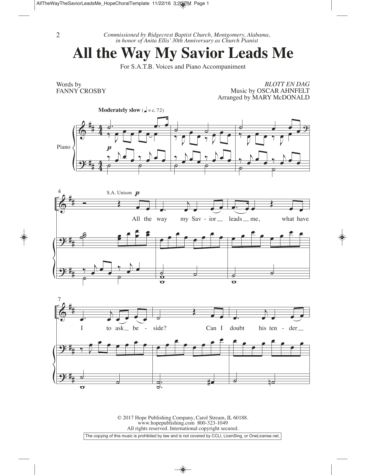 Learn to play Mary McDonald All the Way My Savior Leads Me sheet music for SATB Choir in minutes. Price: 3.9900$ Mary McDonald All the Way My Savior Leads Me sheet music notes and chords arranged for SATB Choir