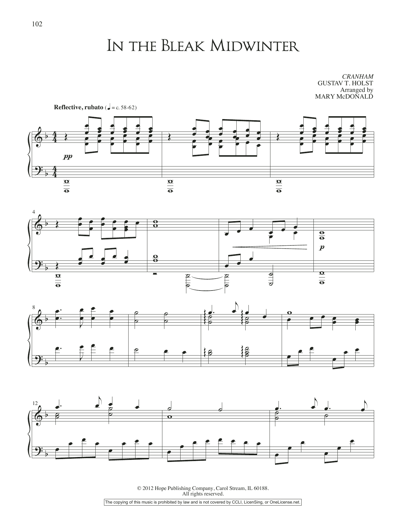 Learn to play Mary McDonald In The Bleak Midwinter sheet music for Piano Solo in minutes. Price: 6.9900$ Mary McDonald In The Bleak Midwinter sheet music notes and chords arranged for Piano Solo