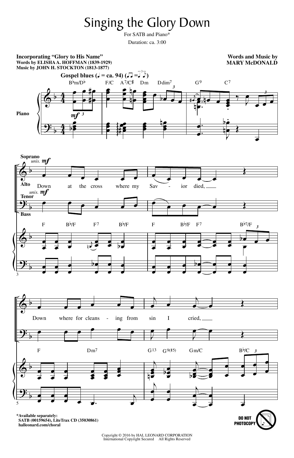 Mary McDonald Singing The Glory Down sheet music notes and chords arranged for SATB Choir