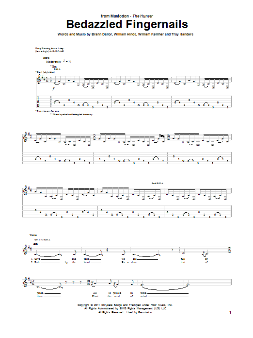 Mastodon Bedazzled Fingernails sheet music notes and chords. Download Printable PDF.