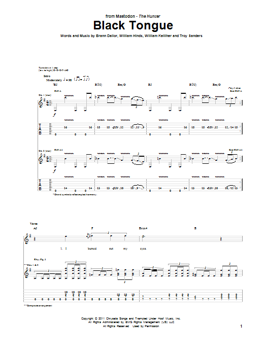 Mastodon Black Tongue sheet music notes and chords. Download Printable PDF.