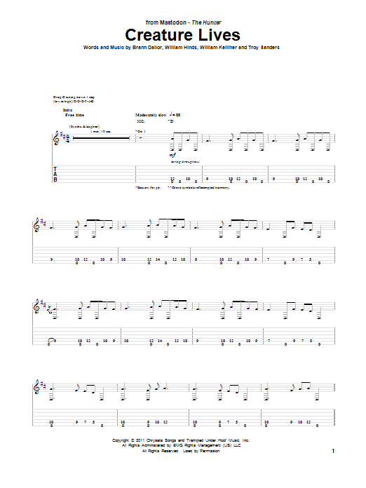 Mastodon Creature Lives sheet music notes and chords. Download Printable PDF.