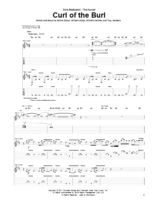 Mastodon Curl Of The Burl sheet music notes and chords. Download Printable PDF.