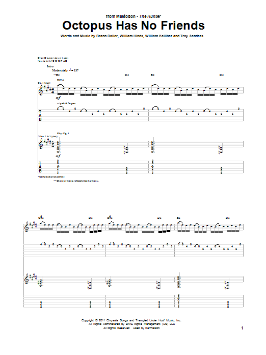 Mastodon Octopus Has No Friends sheet music notes and chords. Download Printable PDF.