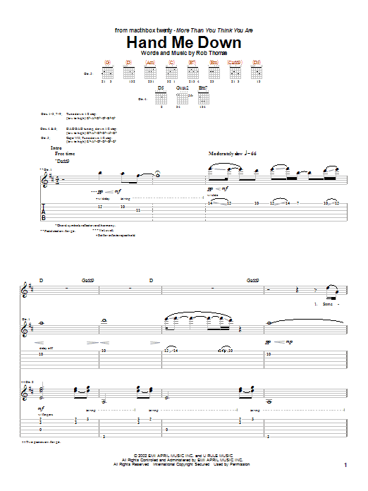 Learn to play Matchbox Twenty Hand Me Down sheet music for Guitar Tab in minutes. Price: 6.9900$ Matchbox Twenty Hand Me Down sheet music notes and chords. Download Printable PDF.