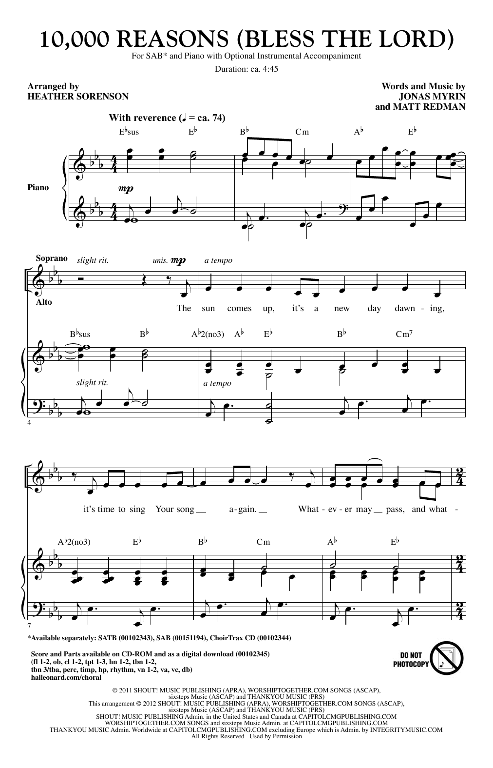 Matt Redman 10,000 Reasons (Bless The Lord) (arr. Heather Sorenson) sheet music notes and chords. Download Printable PDF.