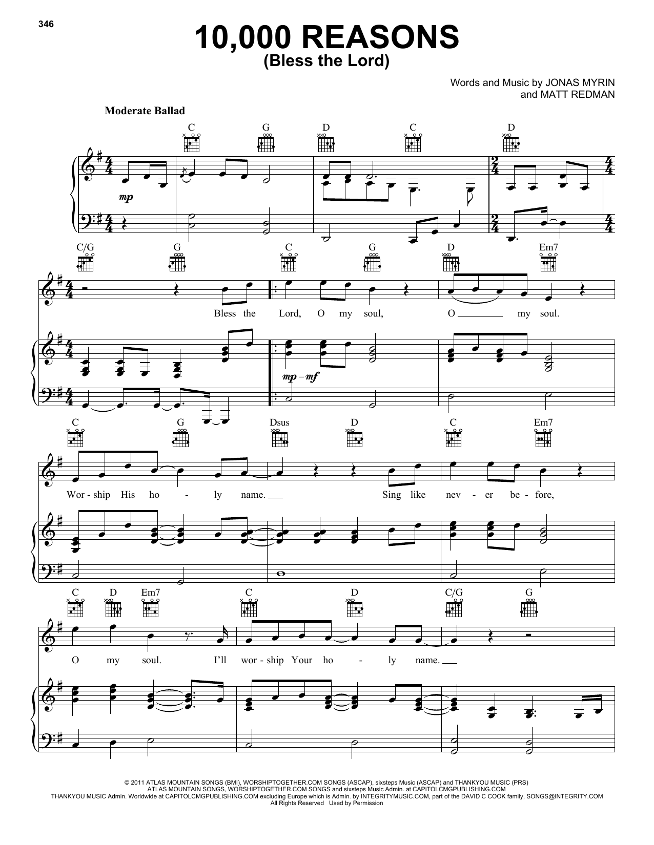 Matt Redman 10,000 Reasons (Bless The Lord) sheet music notes and chords. Download Printable PDF.