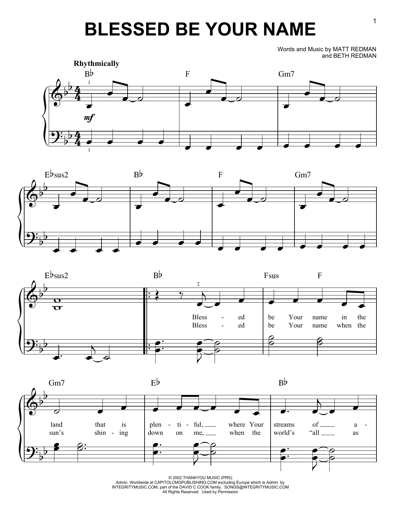 Matt Redman Blessed Be Your Name sheet music notes and chords. Download Printable PDF.