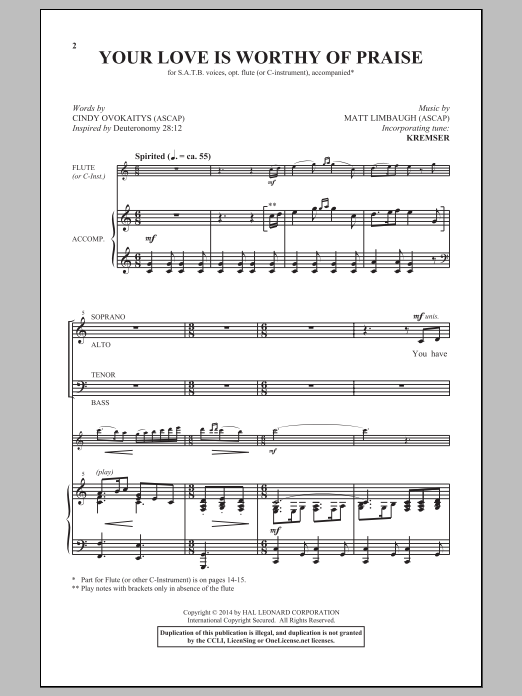 Learn to play Matt Limbaugh Your Love Is Worthy Of Praise sheet music for SATB Choir in minutes. Price: 3.9900$ Matt Limbaugh Your Love Is Worthy Of Praise sheet music notes and chords arranged for SATB Choir