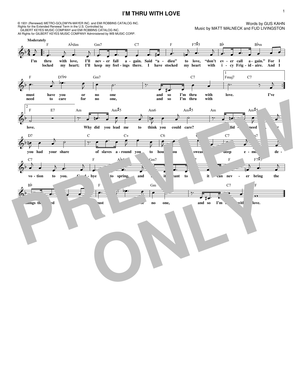 Learn to play Matt Malneck I'm Thru With Love sheet music for Easy Lead Sheet / Fake Book in minutes. Price: 5.9900$ Matt Malneck I'm Thru With Love sheet music notes and chords arranged for Easy Lead Sheet / Fake Book