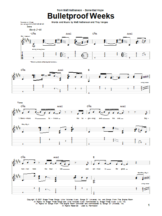 Matt Nathanson Bulletproof Weeks sheet music notes and chords. Download Printable PDF.