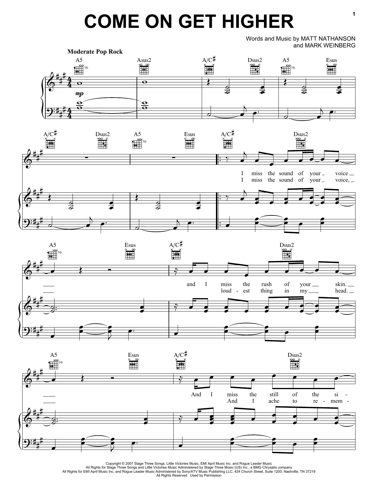 Matt Nathanson Come On Get Higher Sheet Music Pdf Notes Chords