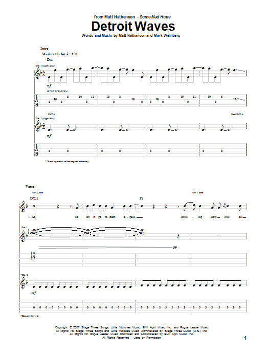 Learn to play Matt Nathanson Detroit Waves sheet music for Guitar Tab in minutes. Price: 7.8900$ Matt Nathanson Detroit Waves sheet music notes and chords arranged for Guitar Tab