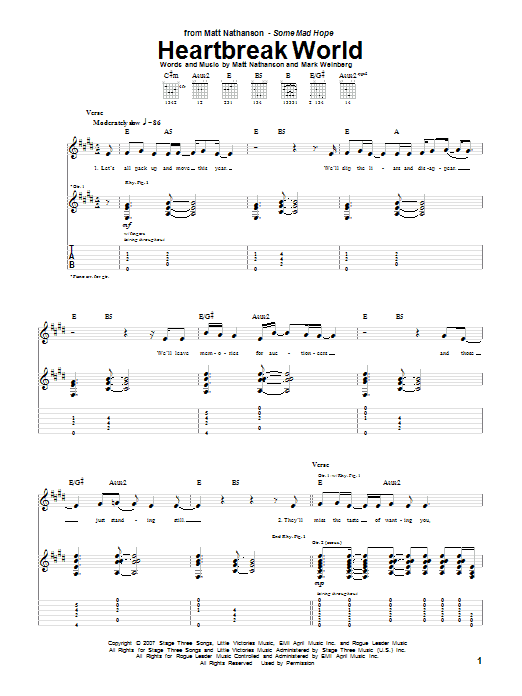 Learn to play Matt Nathanson Heartbreak World sheet music for Guitar Tab in minutes. Price: 7.8900$ Matt Nathanson Heartbreak World sheet music notes and chords arranged for Guitar Tab