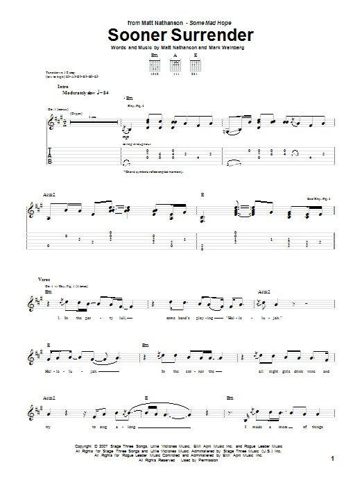 Matt Nathanson Sooner Surrender sheet music notes and chords. Download Printable PDF.