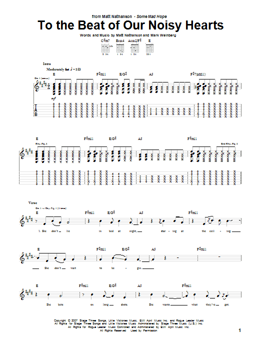Learn to play Matt Nathanson To The Beat Of Our Noisy Hearts sheet music for Guitar Tab in minutes. Price: 7.8900$ Matt Nathanson To The Beat Of Our Noisy Hearts sheet music notes and chords arranged for Guitar Tab