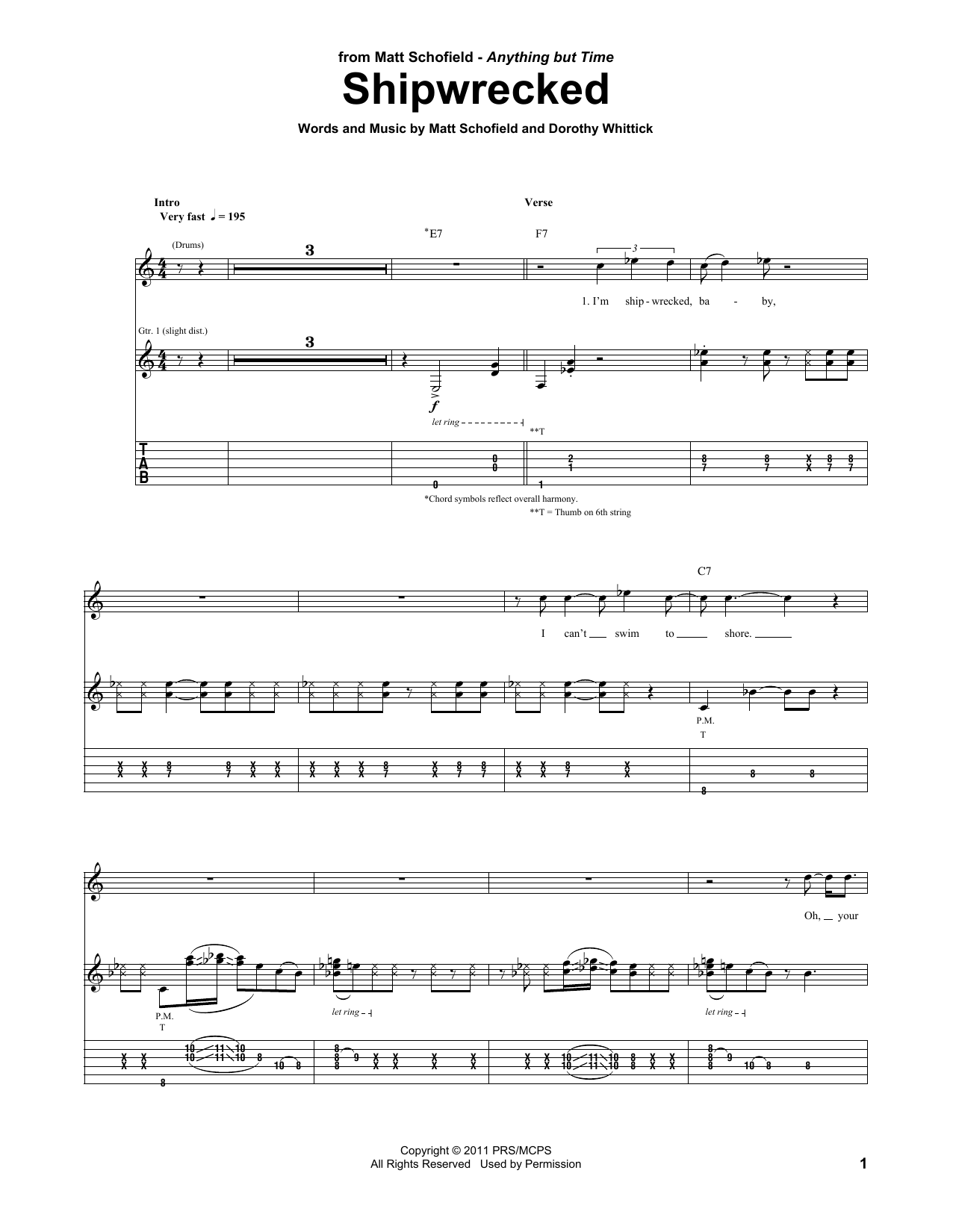 Matt Schofield Shipwrecked sheet music notes and chords. Download Printable PDF.