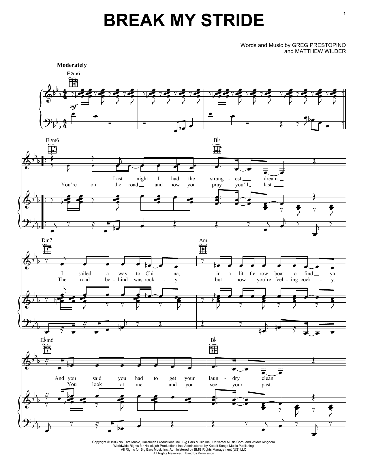 Matthew Wilder Break My Stride sheet music notes and chords - Download Printable PDF and start playing in minutes.