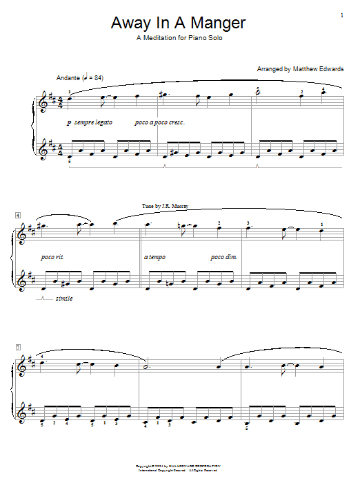 Learn to play Matthew Edwards Away In A Manger - A Meditation For Piano Solo sheet music for Educational Piano in minutes. Price: 6.9900$ Matthew Edwards Away In A Manger - A Meditation For Piano Solo sheet music notes and chords arranged for Educational Piano