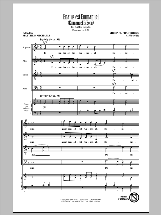 Michael Praetorius Enatus Est Emmanuel sheet music notes and chords. Download Printable PDF.