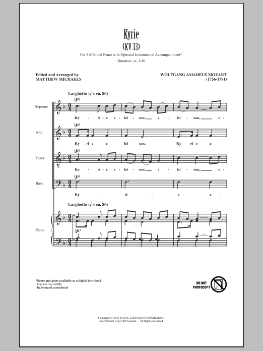 Matthew Michaels Kyrie (KV33) sheet music notes and chords. Download Printable PDF.