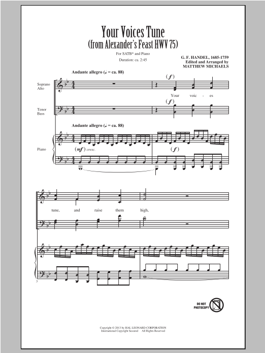Learn to play Matthew Michaels Your Voices Tune (from Alexander's Feast) sheet music for SATB Choir in minutes. Price: 3.9900$ Matthew Michaels Your Voices Tune (from Alexander's Feast) sheet music notes and chords arranged for SATB Choir