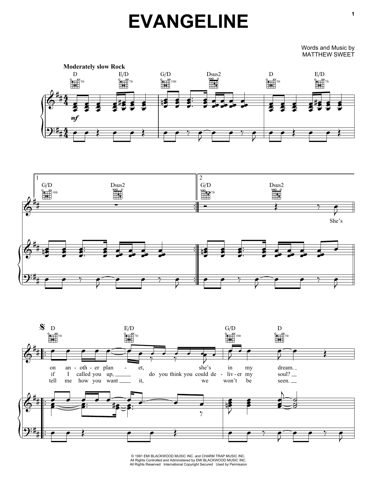 Matthew Sweet Evangeline sheet music notes and chords. Download Printable PDF.