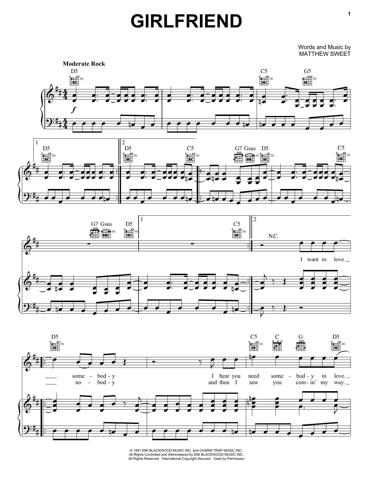 Matthew Sweet Girlfriend sheet music notes and chords. Download Printable PDF.