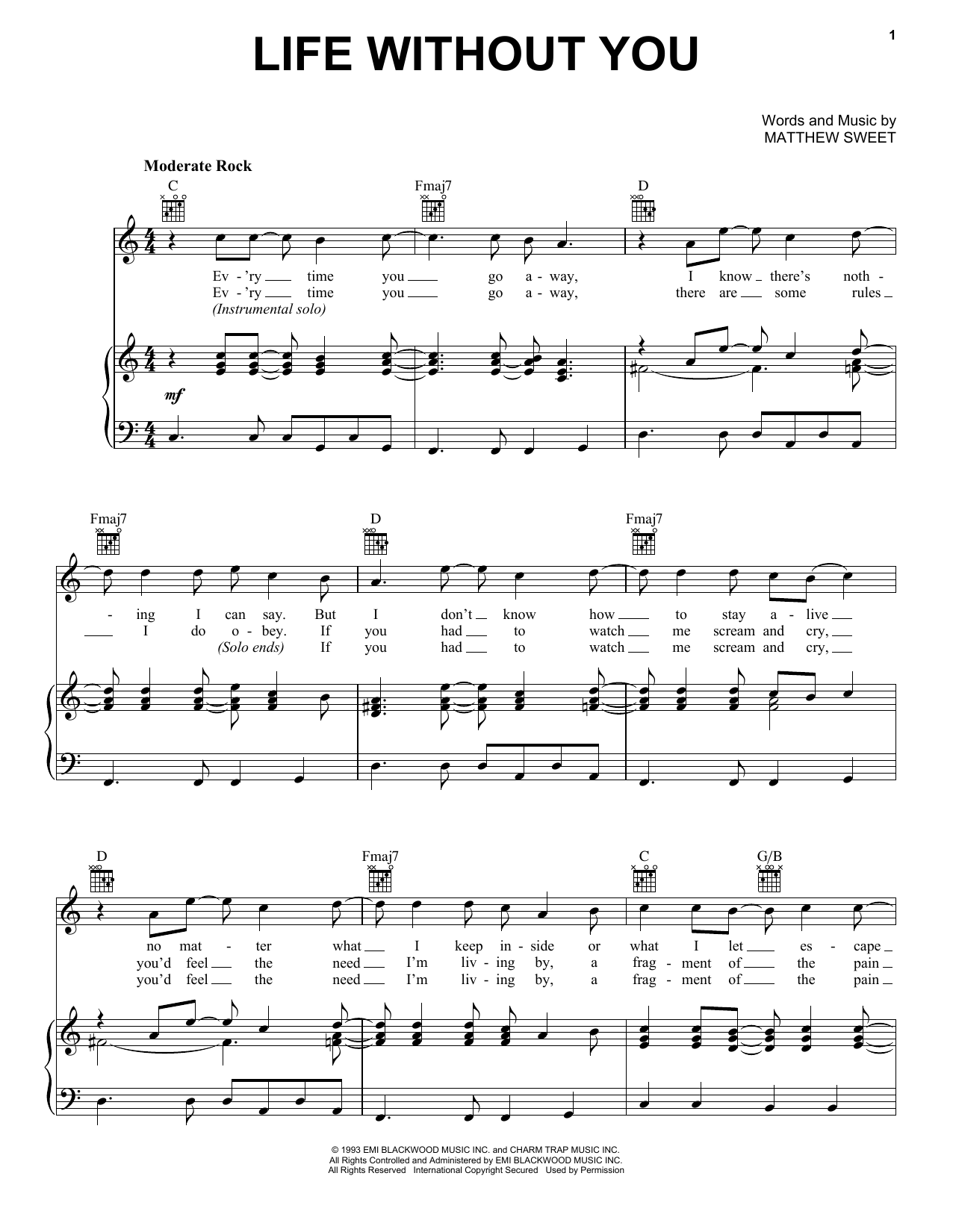 Matthew Sweet Life Without You sheet music notes and chords. Download Printable PDF.