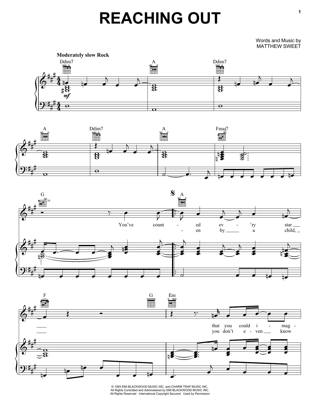 Matthew Sweet Reaching Out sheet music notes and chords. Download Printable PDF.