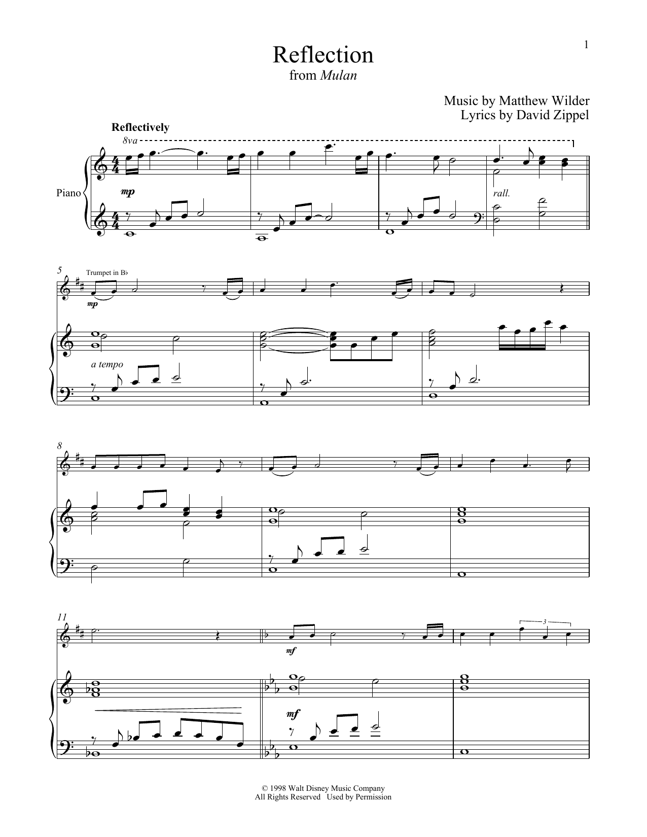 Learn to play Matthew Wilder Reflection (from Mulan) sheet music for Piano Solo in minutes. Matthew Wilder Reflection (from Mulan) sheet music notes and chords