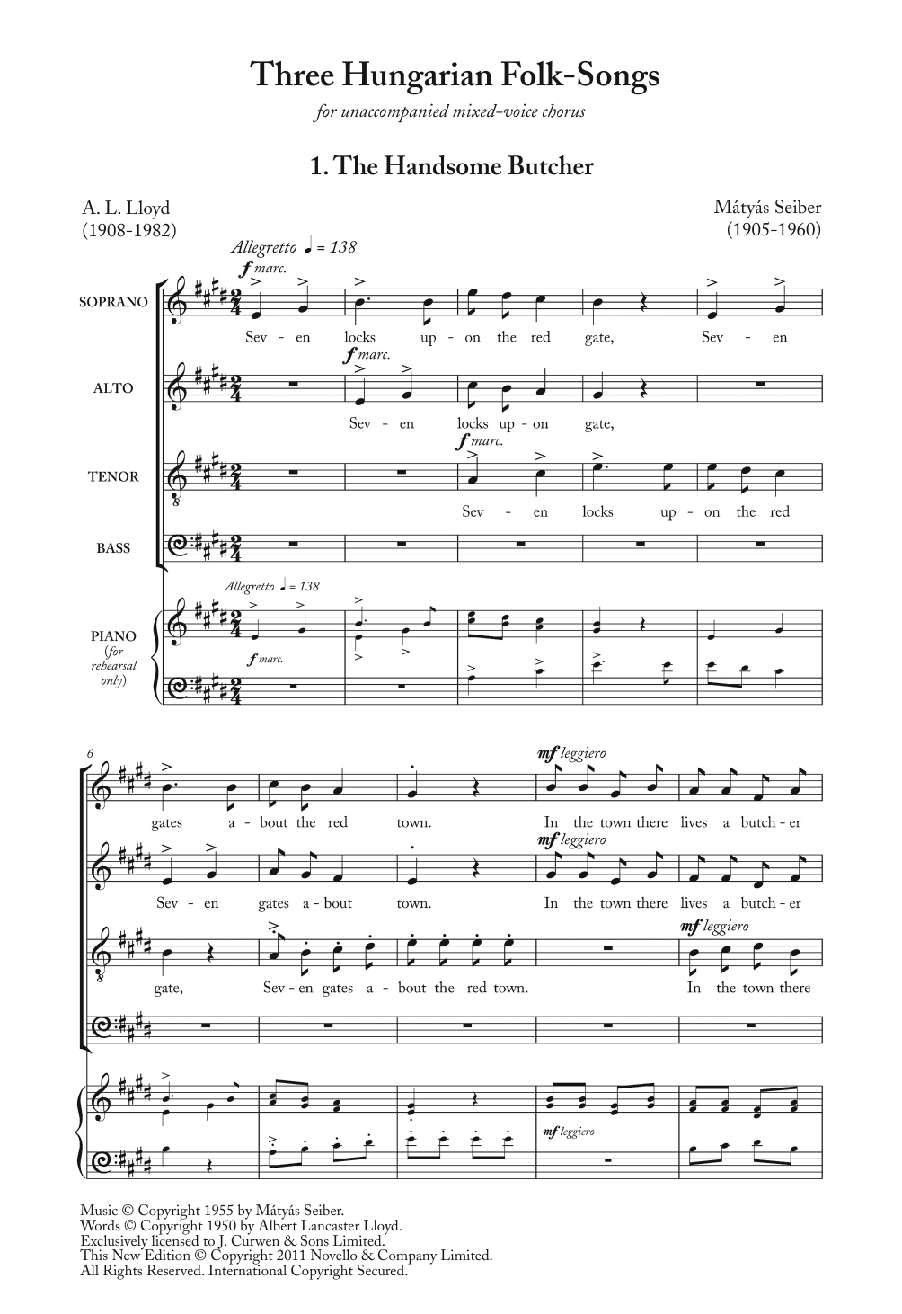 Learn to play Matyas Seiber Three Hungarian Folk Songs sheet music for Choir in minutes. Price: 3.9900$ Matyas Seiber Three Hungarian Folk Songs sheet music notes and chords arranged for Choir