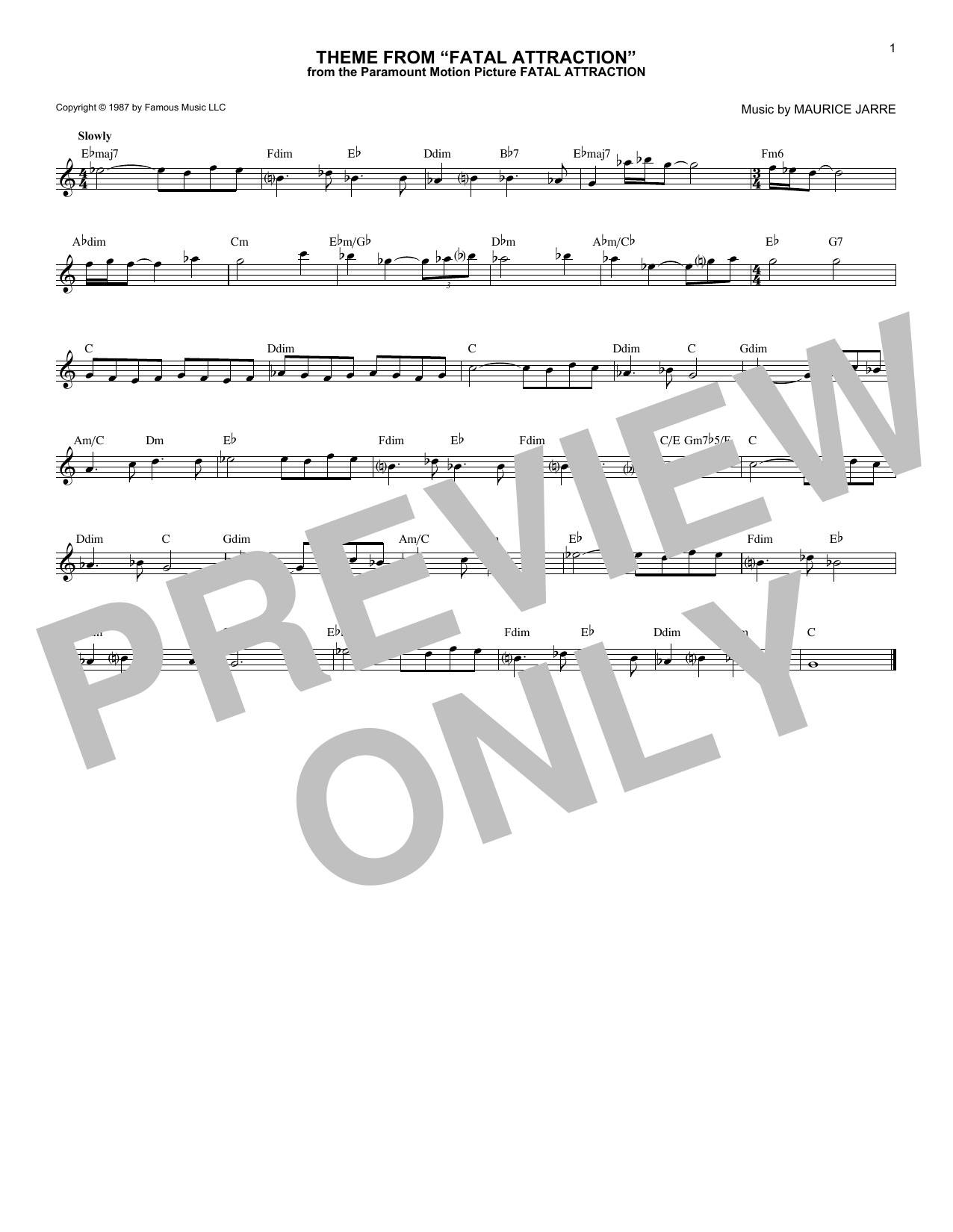 Learn to play Maurice Jarre Theme From Fatal Attraction sheet music for Piano Solo in minutes. Maurice Jarre Theme From Fatal Attraction sheet music notes and chords. Download Printable PDF.
