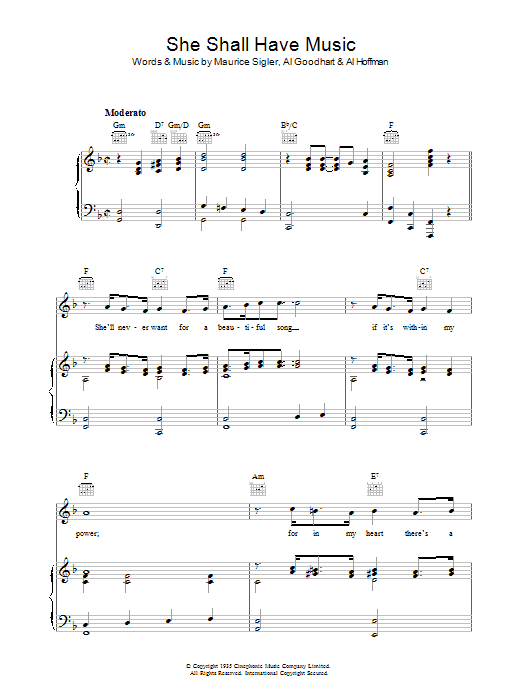 Learn to play Maurice Sigler She Shall Have Music sheet music for Piano, Vocal & Guitar (Right-Hand Melody) in minutes. Maurice Sigler She Shall Have Music sheet music notes and chords. Download Printable PDF.