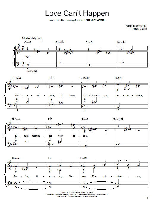 Maury Yeston Love Can't Happen sheet music notes and chords. Download Printable PDF.